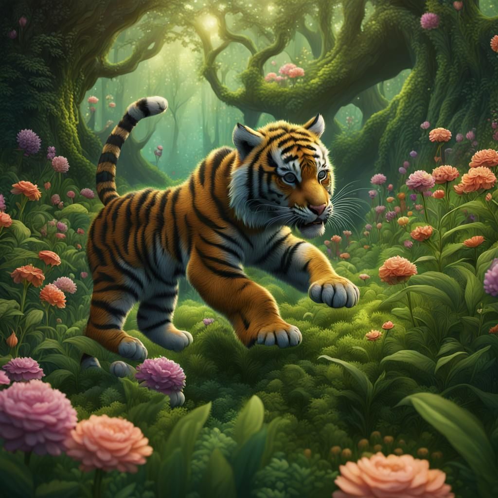 Tiger Cubs Play in Floral Dell