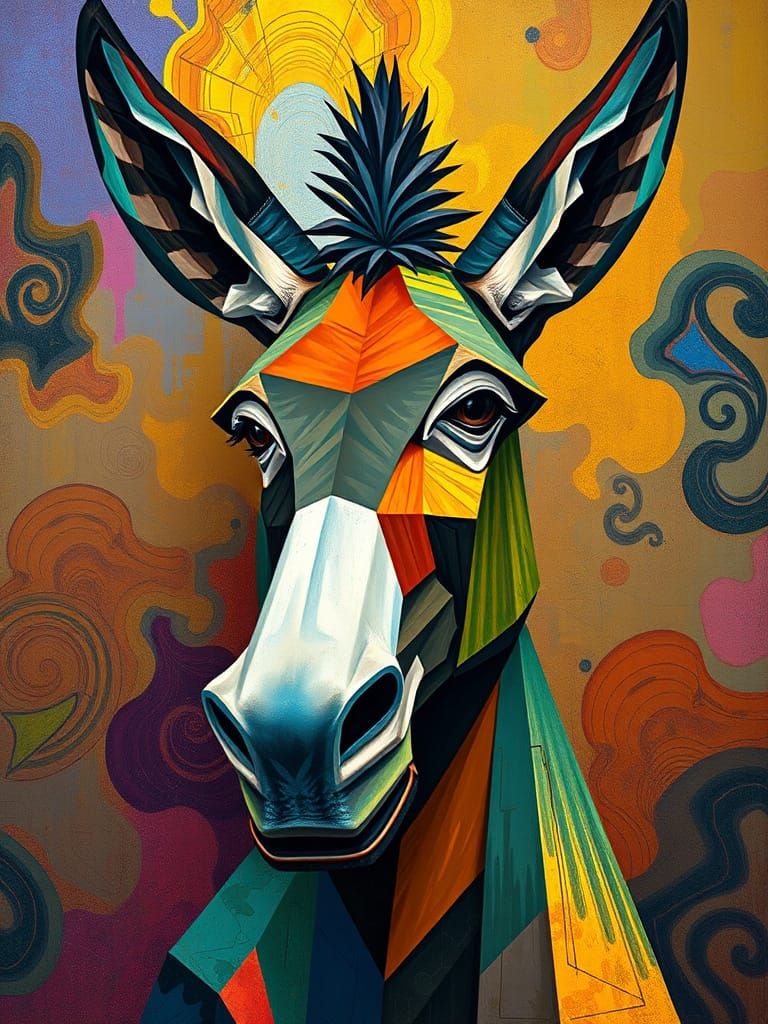 Cubist Donkey with Vibrant, Shimmering Patterns