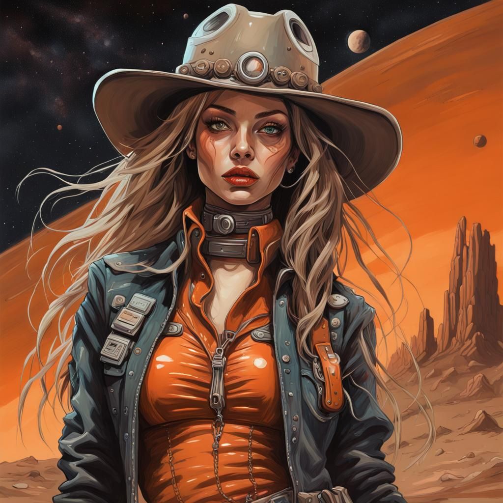 Space Cowgirl Outlaw in Oil Gouache Style