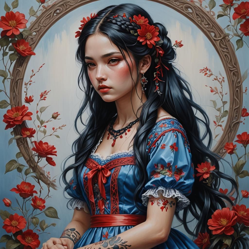 Girl with Red Flowers in Detailed Oil Painting