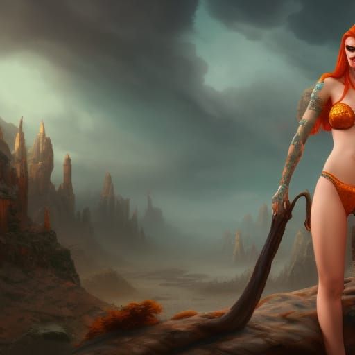 Ginger Woman in Bikini: Detailed Matte Painting
