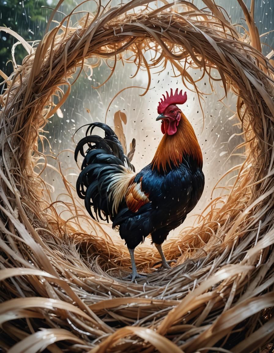 Surreal Rooster Engulfed in Vortex, Watercolor Style