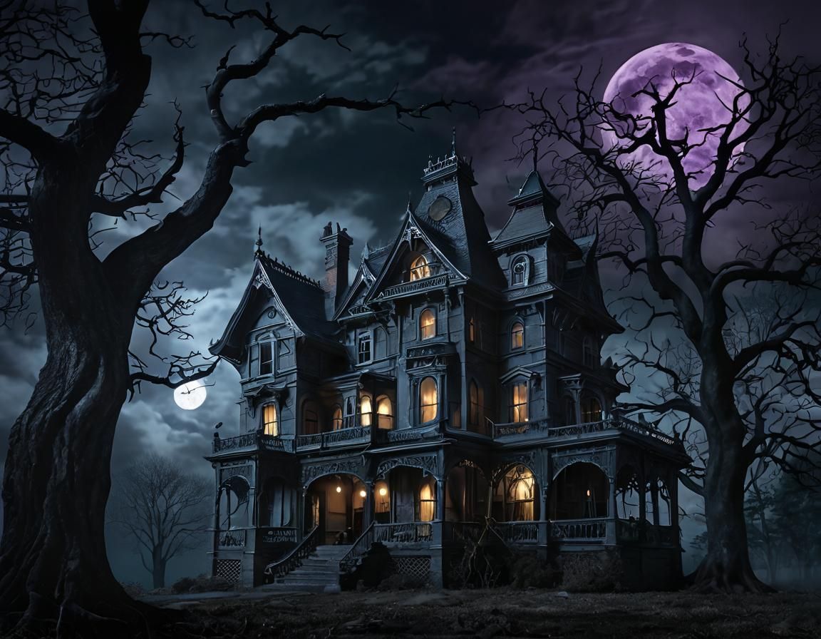 Haunted House Under Moon in Dark Gothic Horror