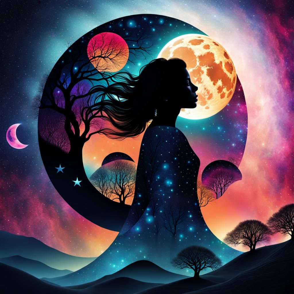 Double Exposure Collage Art: Moonlit Silhouette