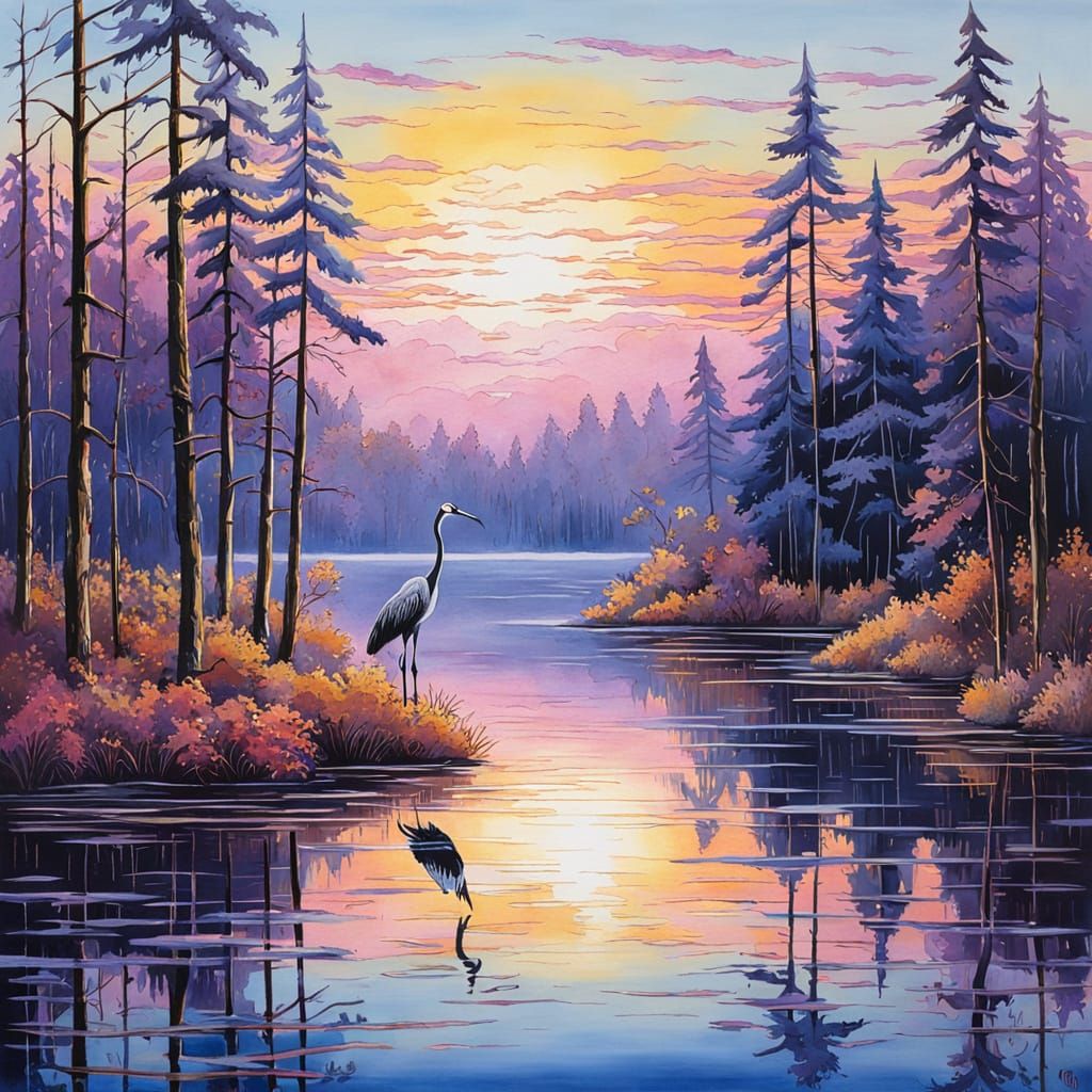 Morning Sunrise in Vibrant Colors, Gouache Painting Style