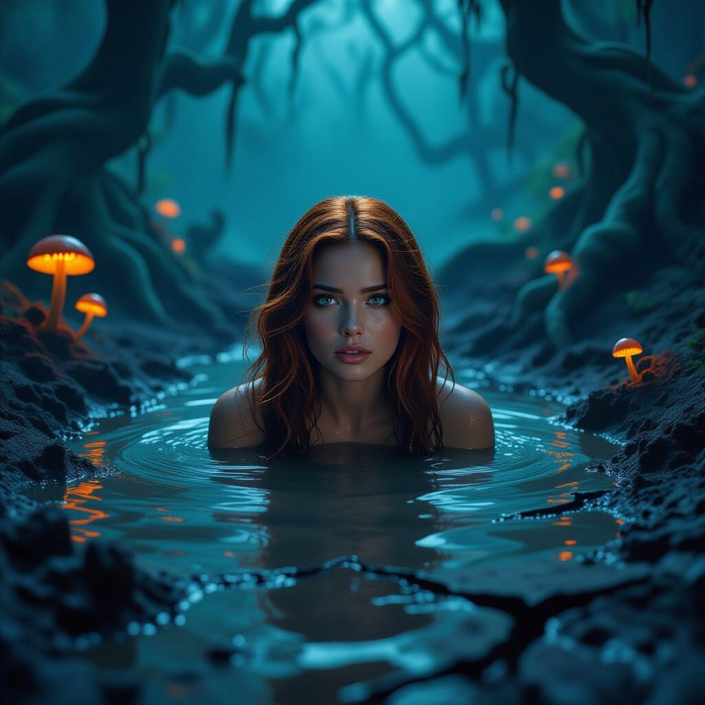 Woman Sinking in Mud with Underground Glow