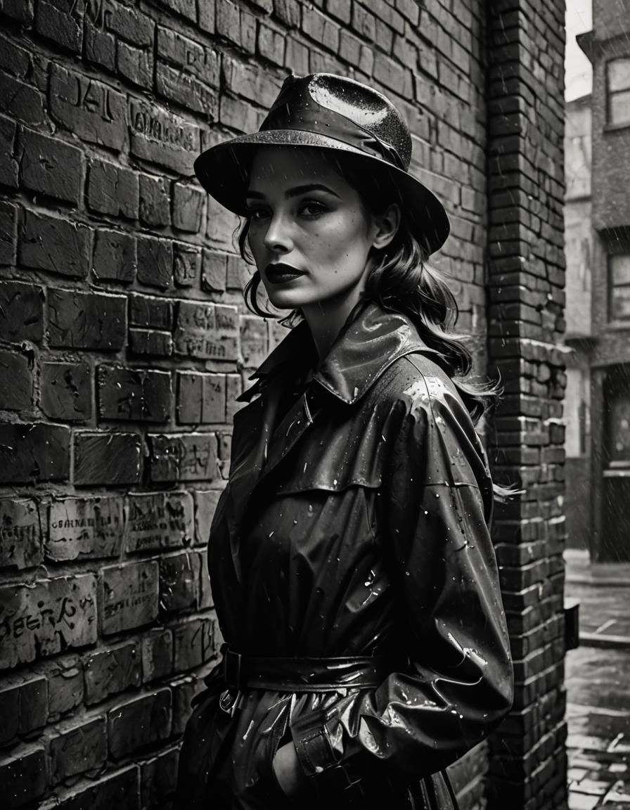 Noir Woman in Rainy Alley: Ink Drawing