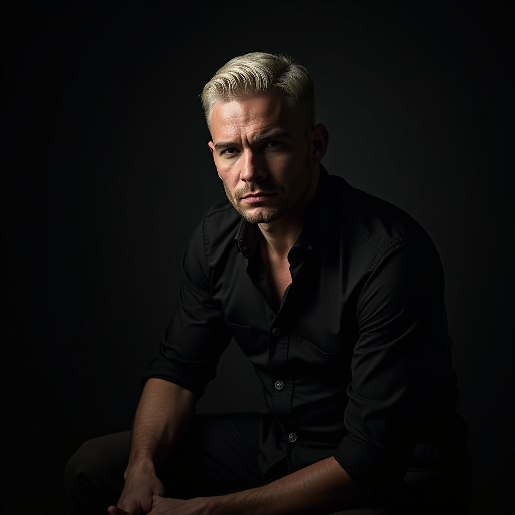 Platinum Blonde Man in Moody Studio Portrait