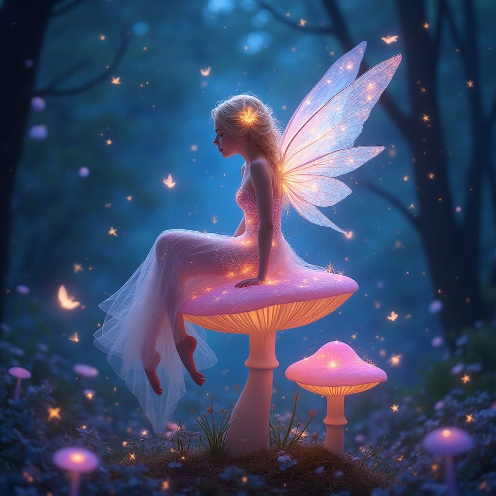 Enchanted Fairy in Cosmic Glow on Iridescent Mushroom