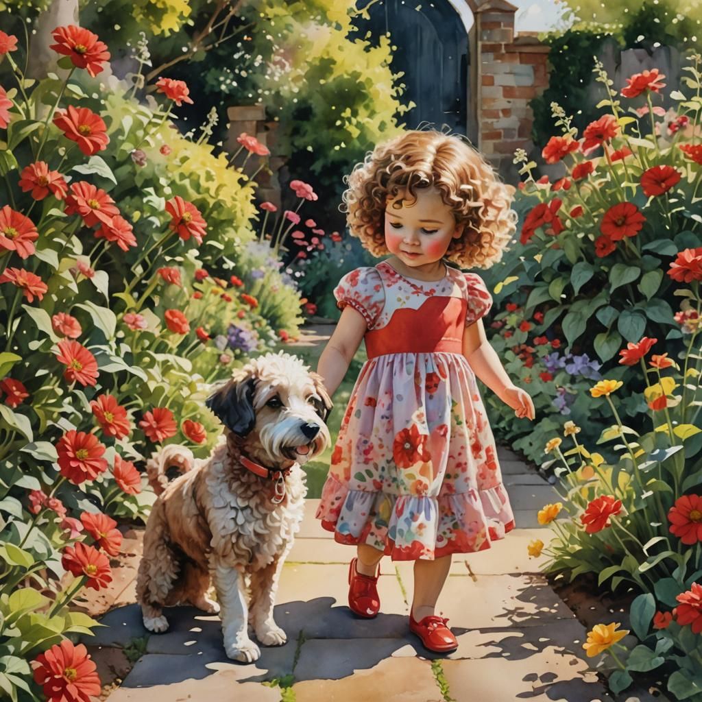 Girl with Doll in Flower Garden, Watercolour Painting