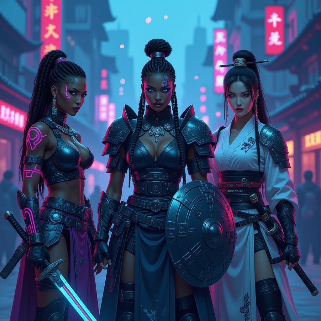 Cyberpunk Valkyries Defend Neon City in Art Nouveau Style