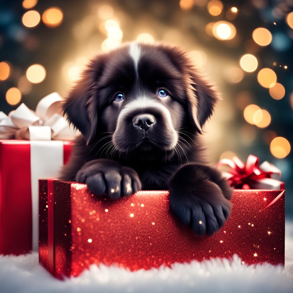 Fluffy Newfoundland Puppy Emerges from Christmas Present