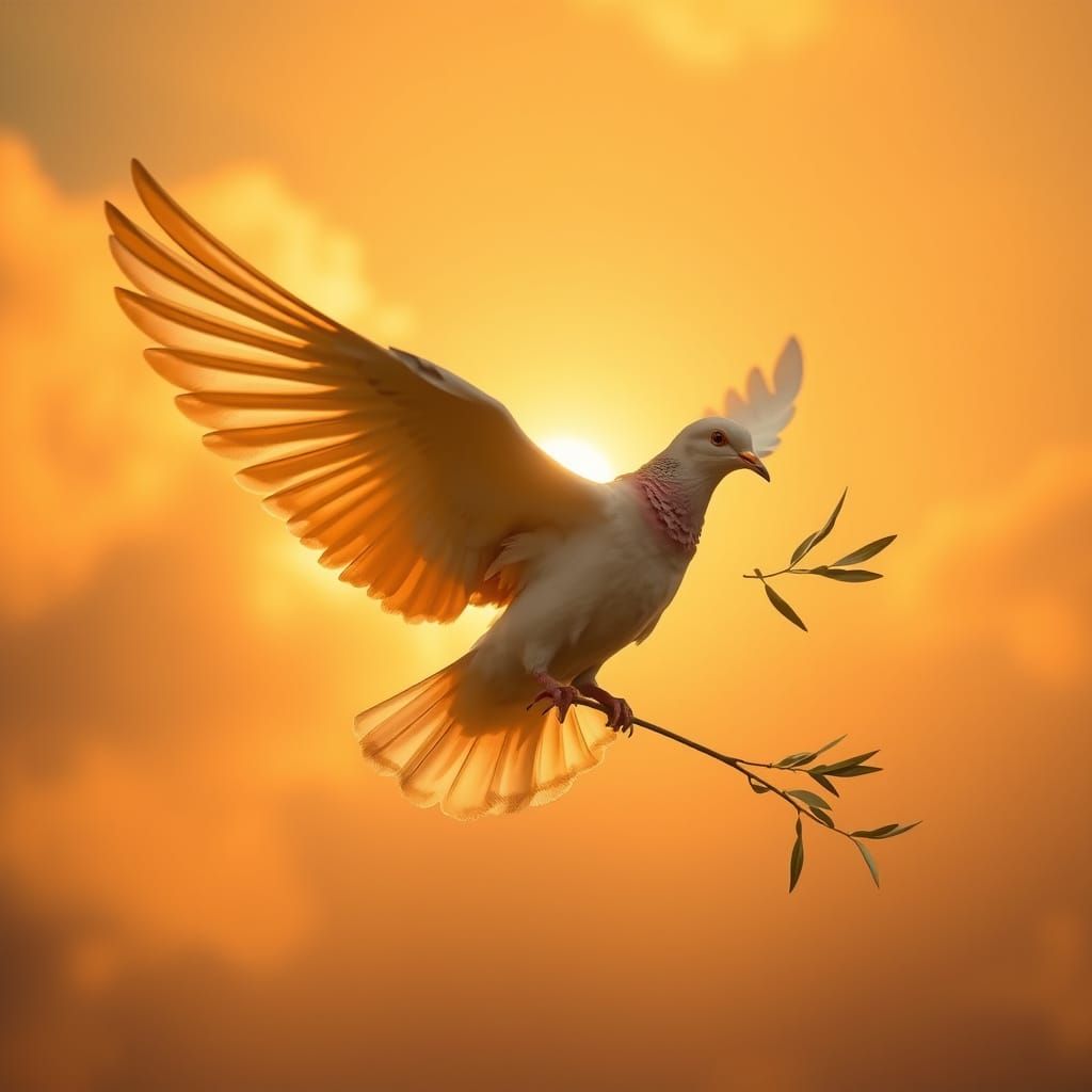 Dove with Olive Branch in Sunset Sky