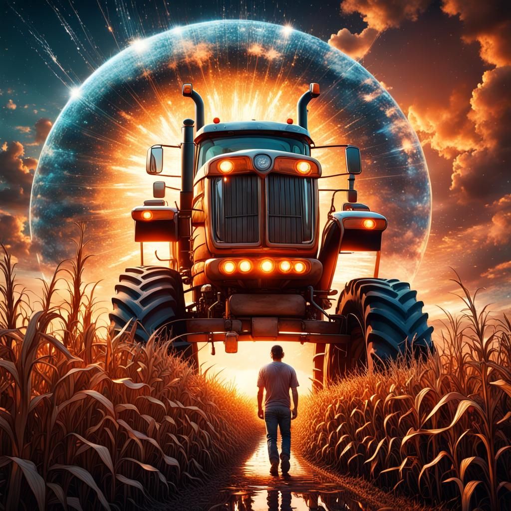 Crystal Ball Reflecting Tractor in a Cornfield