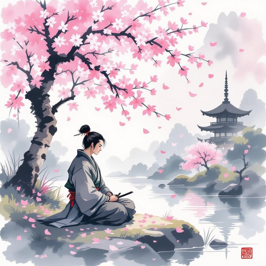 Samurai Meditating Under Cherry Blossoms in Sumi-e Style