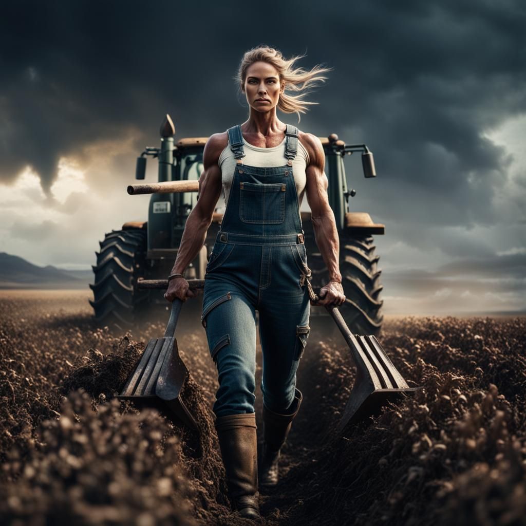 Muscular Girl Plowing Field: Epic Digital Painting