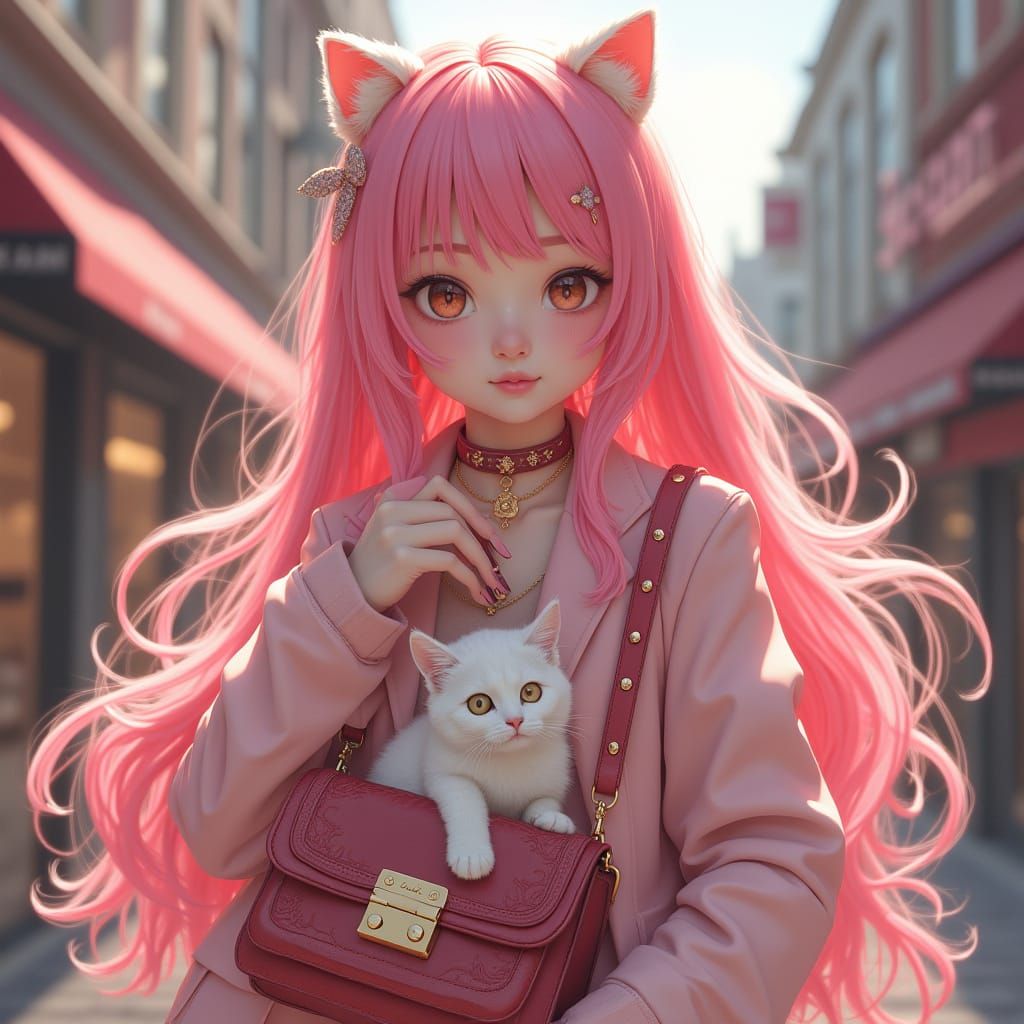 Charming Shopaholic with Pink Hair and Adorable Cat