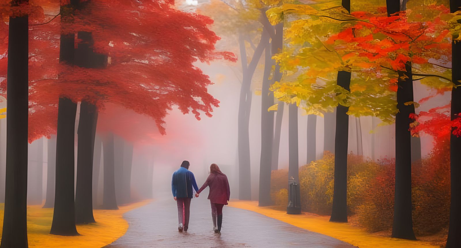 Impasto Painting of Couple in Autumn Rain