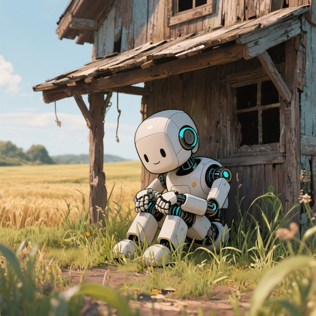 Cute Robot in Field, Digital Comic Art