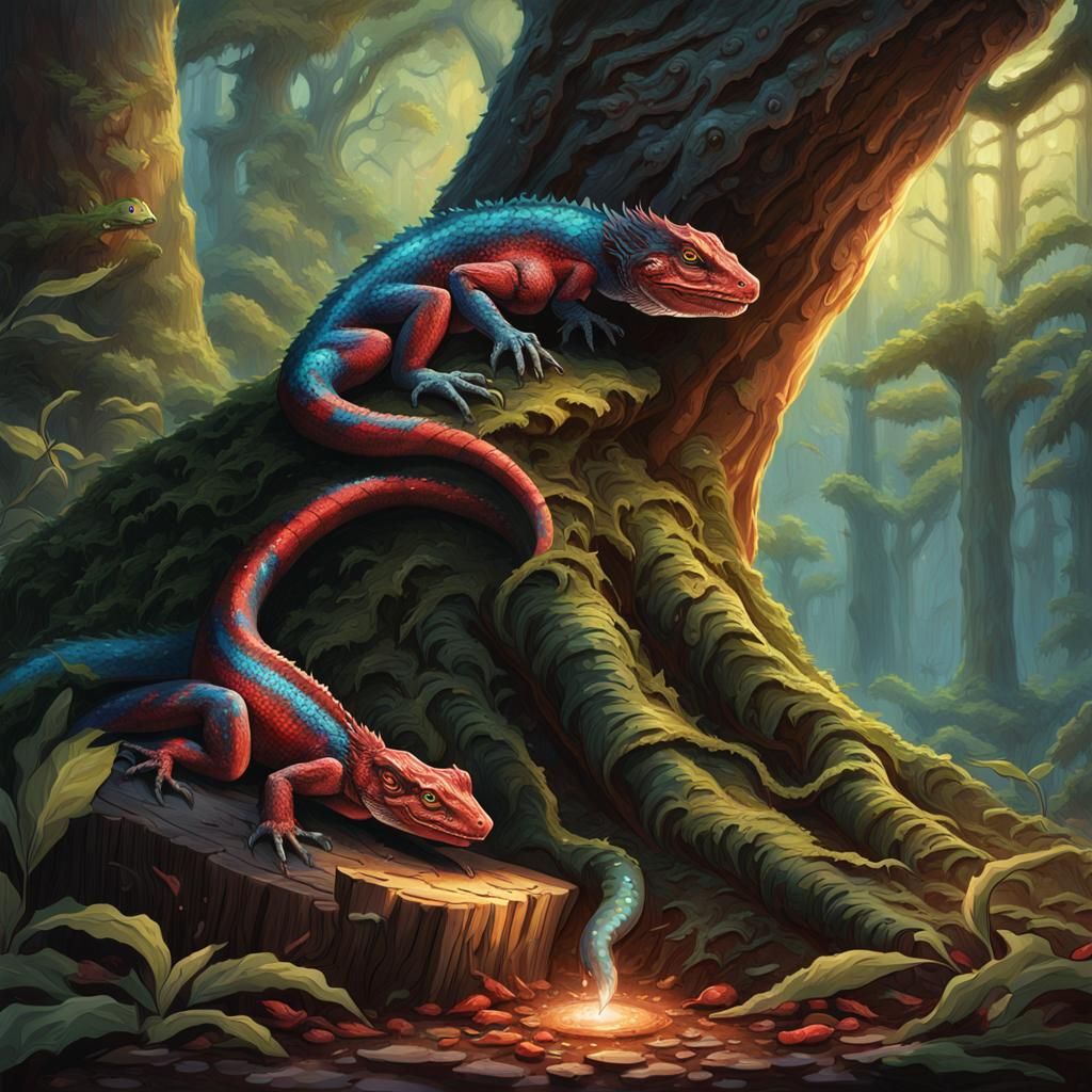 Playful Red Lizard in Dark Fantasy Art Style