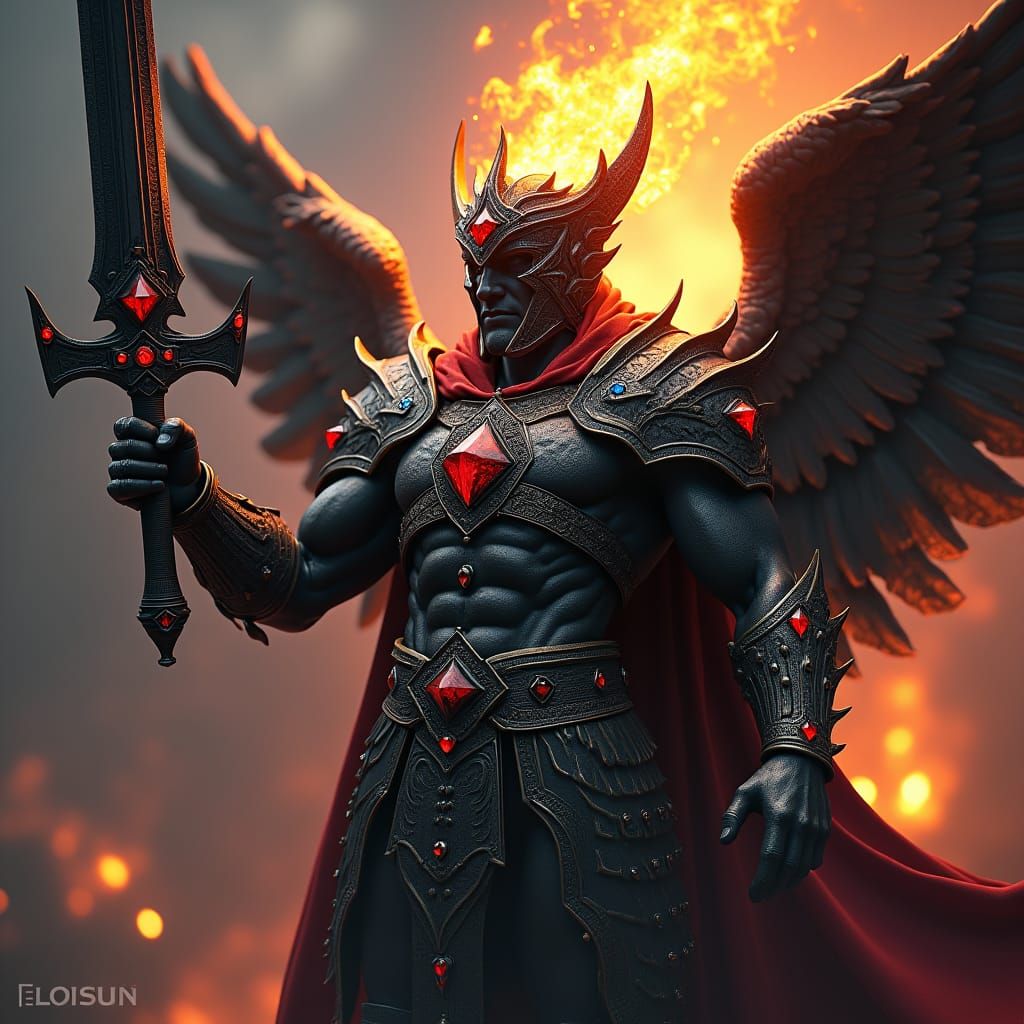Cherubim King in Black Armor with Flaming Sword