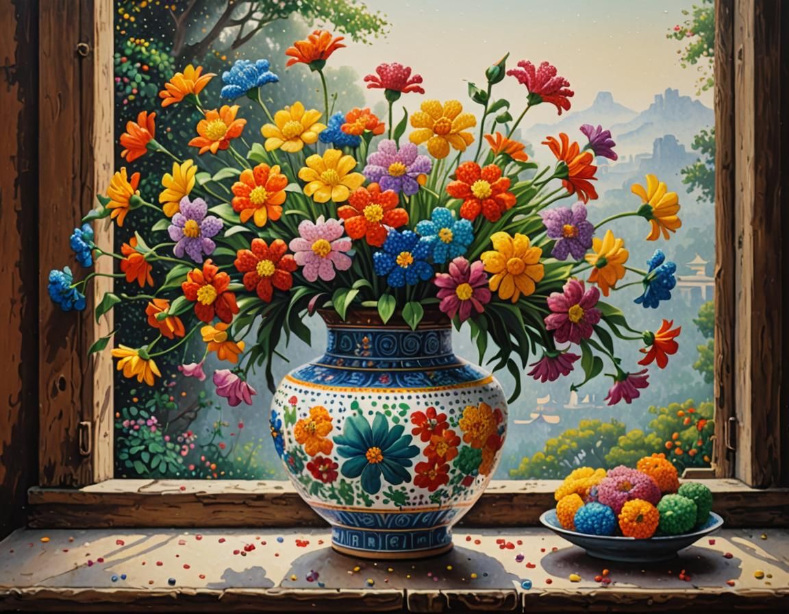 Pointillist Chinese Vase with Flowers Dot Painting