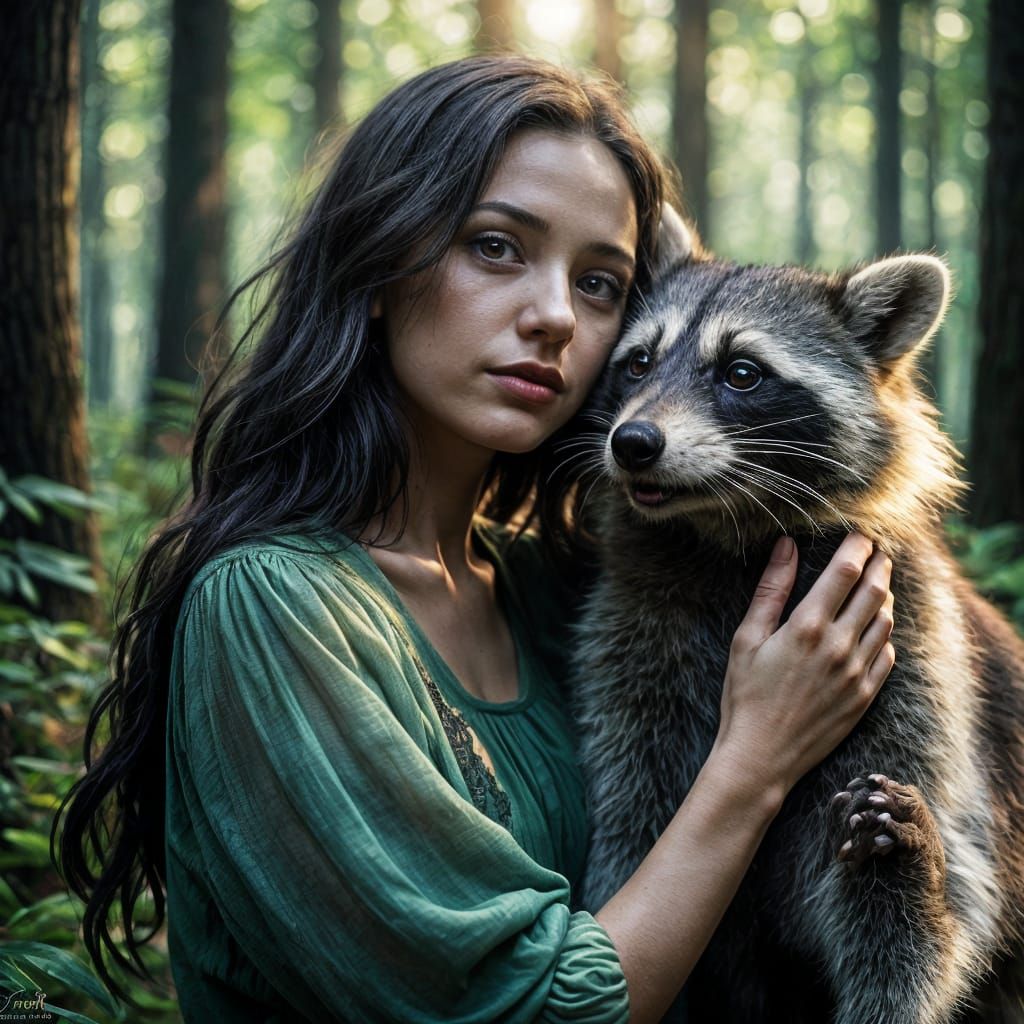 Petting a raccoon
