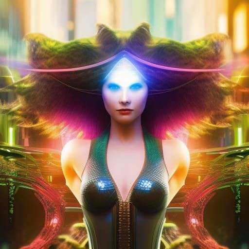 Cyberpunk Tech Goddess in Lotus Pose