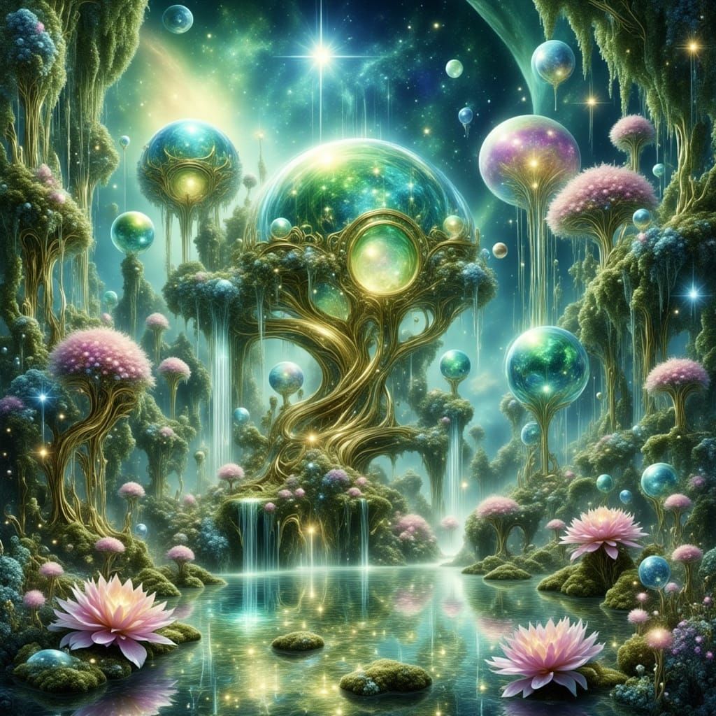 Vibrant Beachside Tree in a Fantastical Cosmic Garden