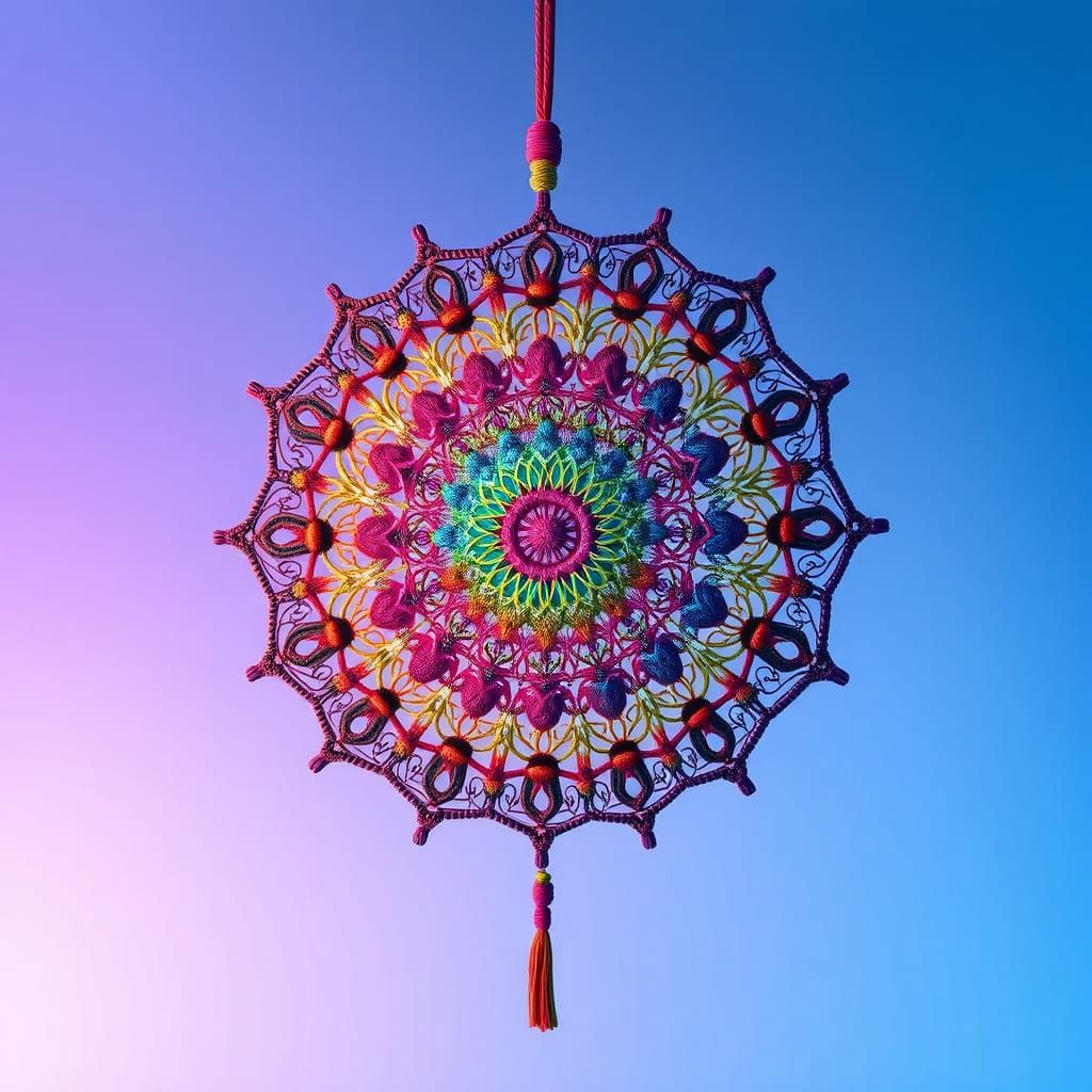 Intricate Rainbow Macrame Mandala in Matte Painting Style