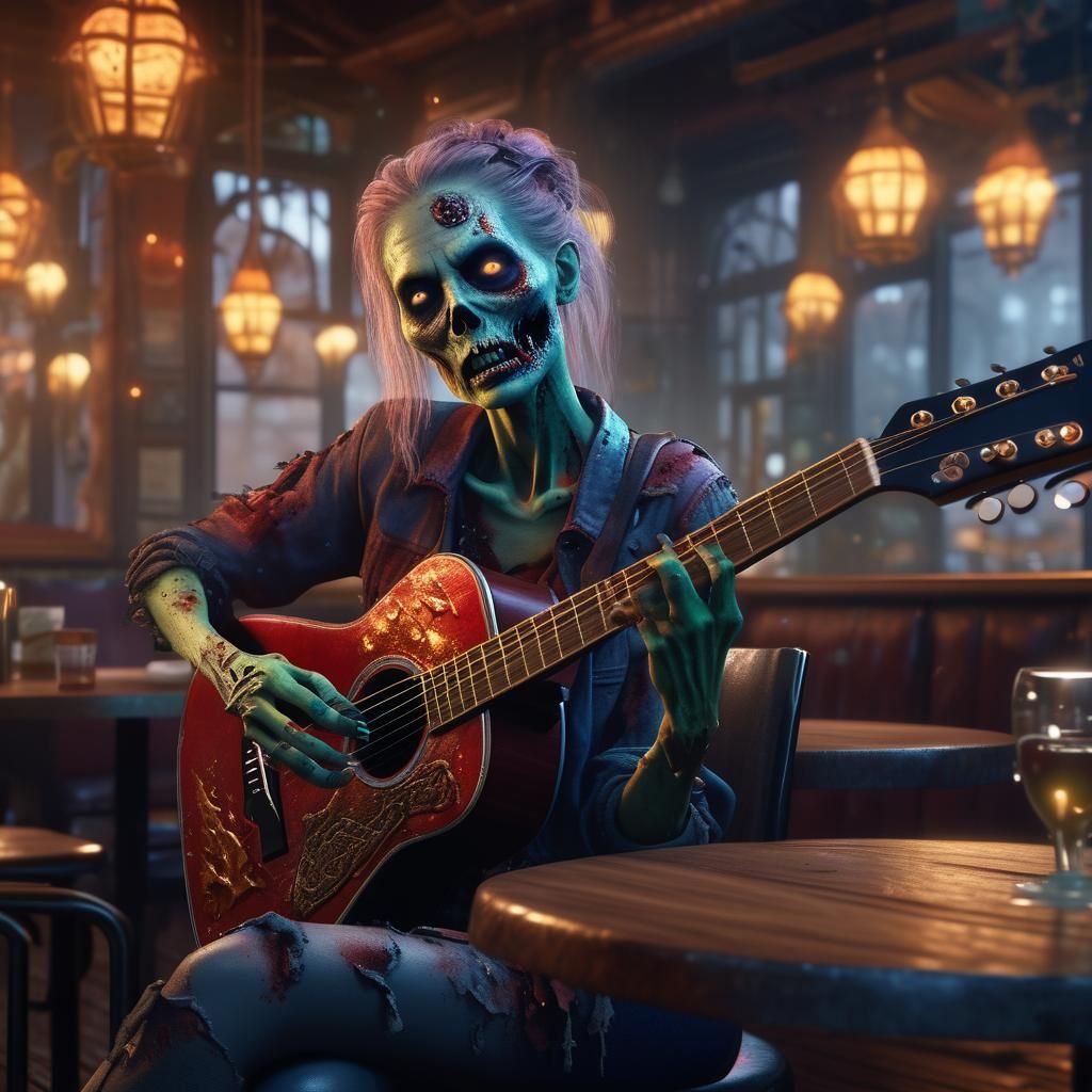 Zombie Woman Plays Guitar: Detailed Fantasy Art