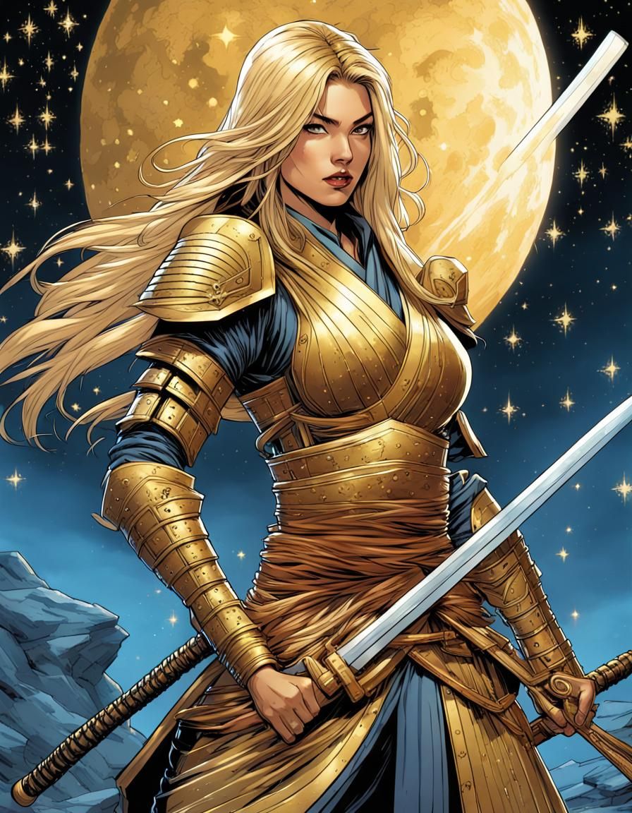 Blonde Female Samurai with Tachi in Comic Book Art