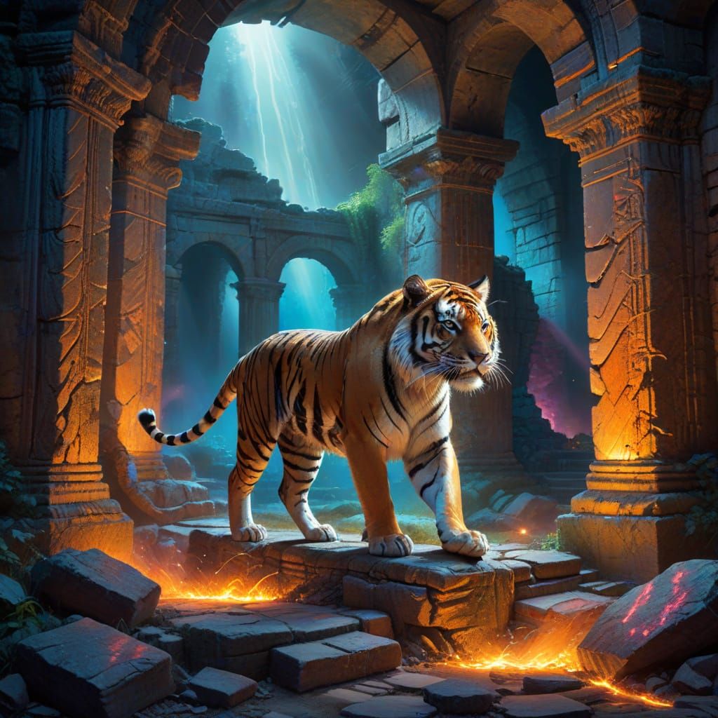Majestic Tiger Prowling Ancient Ruins in Painterly Style