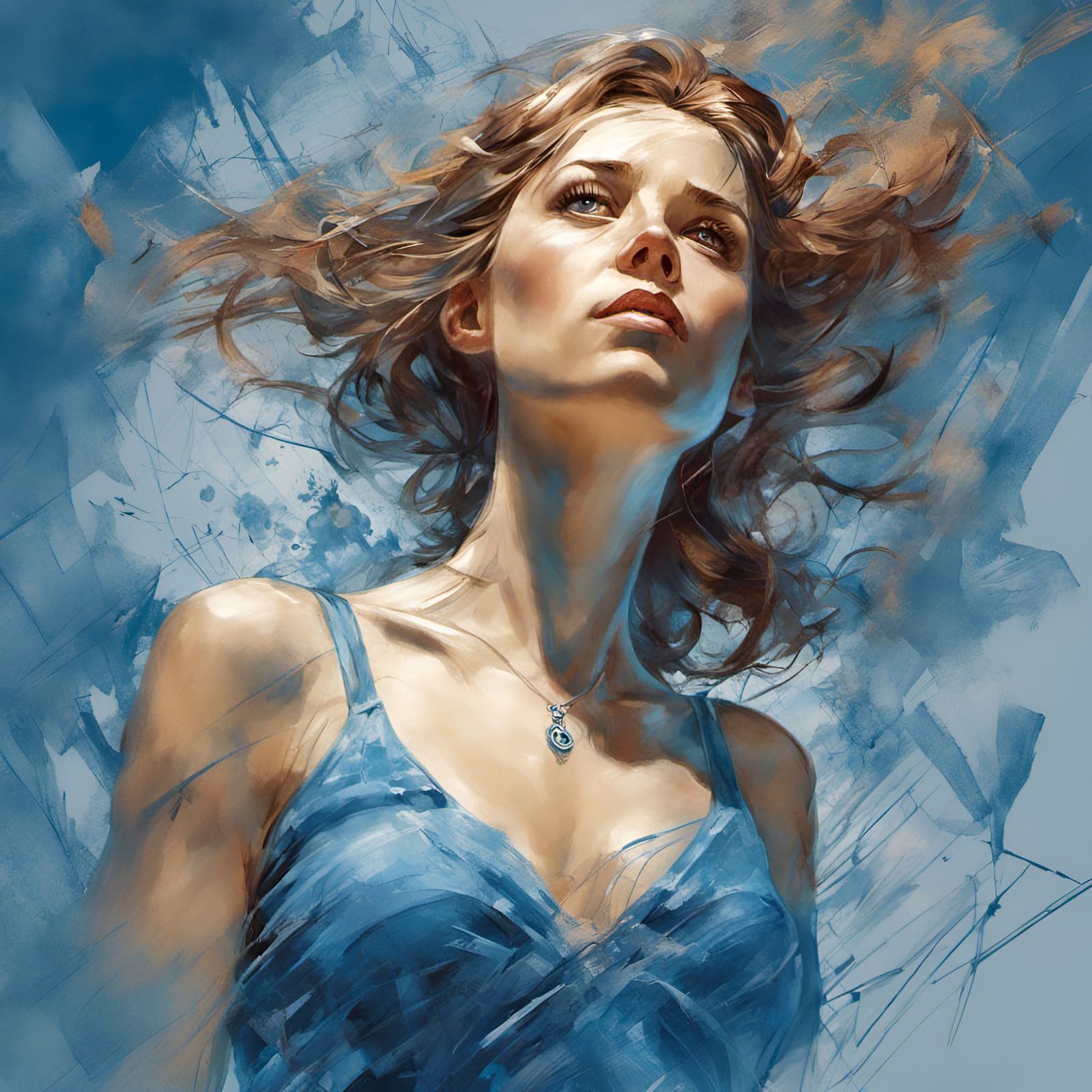 Stunning Woman in Blue Dress, Digital Illustration