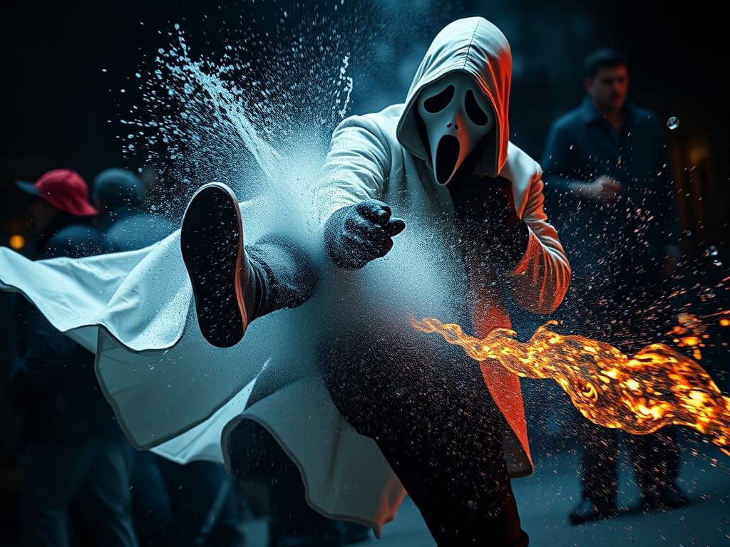Hyperrealistic Ghostface Kicked: Dramatic Horror Art