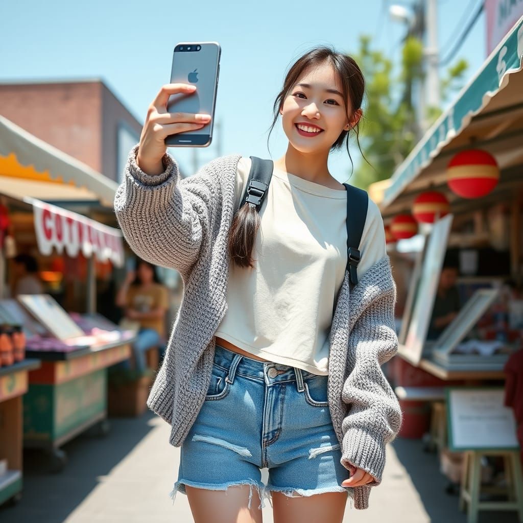 Trendy Korean Teenager Selfie in Outdoor Market