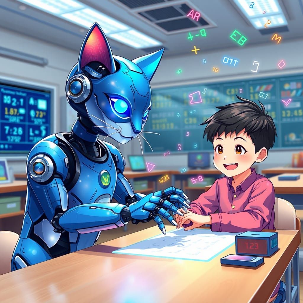 Futuristic Robot Cat Helping Student in Anime Style