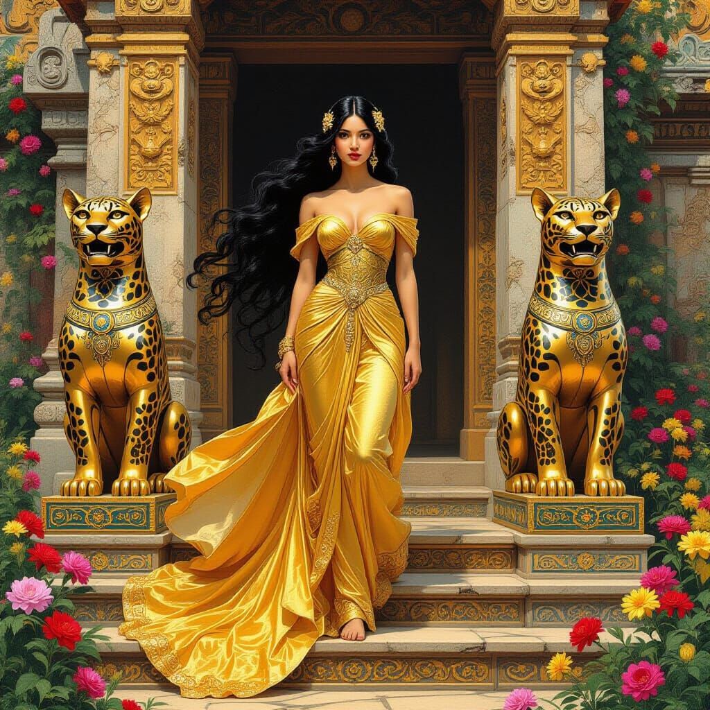 Goddess Between Jaguars at Ancient Temple, Art Nouveau Style