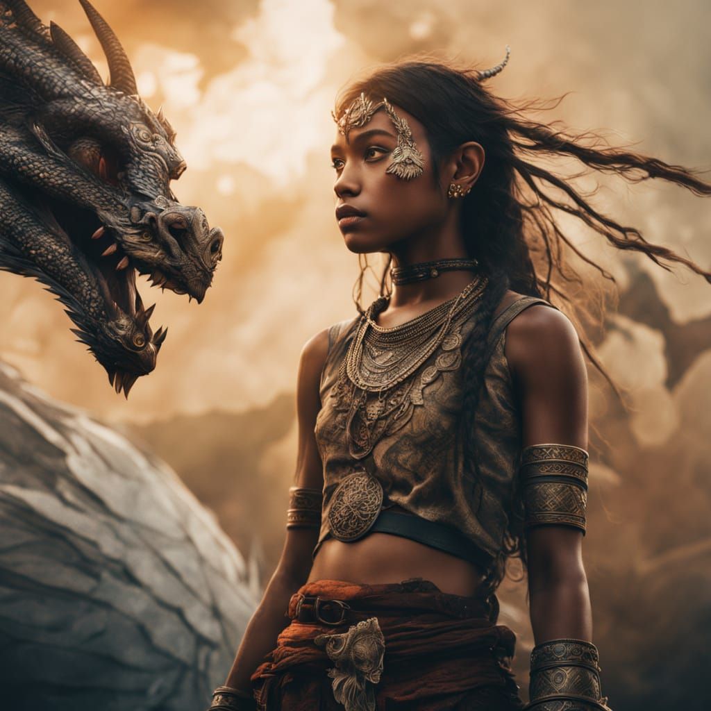 Surreal Tribal Goddess Emerges with Baby Dragon in Dark Fant...