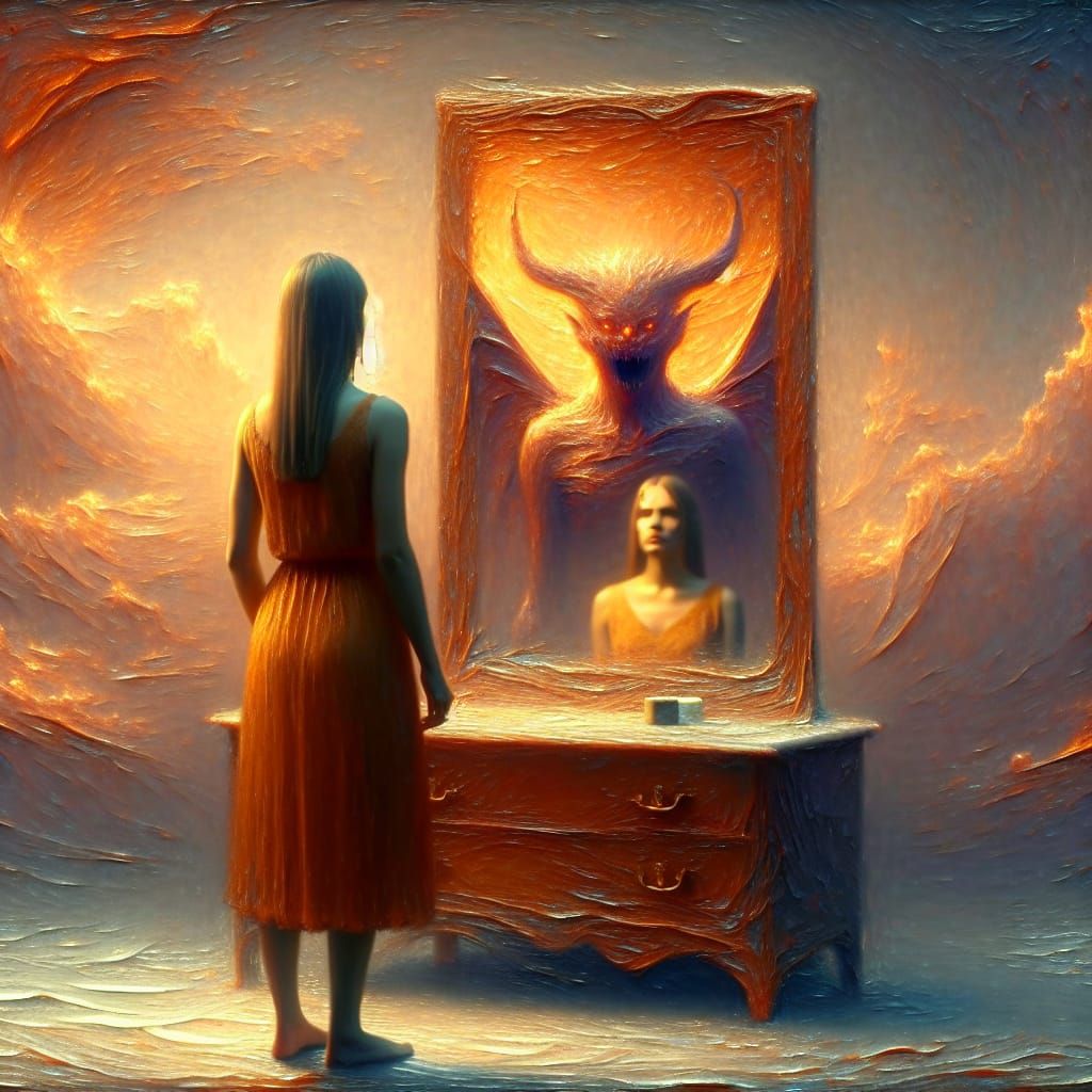 Surreal Reflection: Woman and Demon in Encaustic Oil