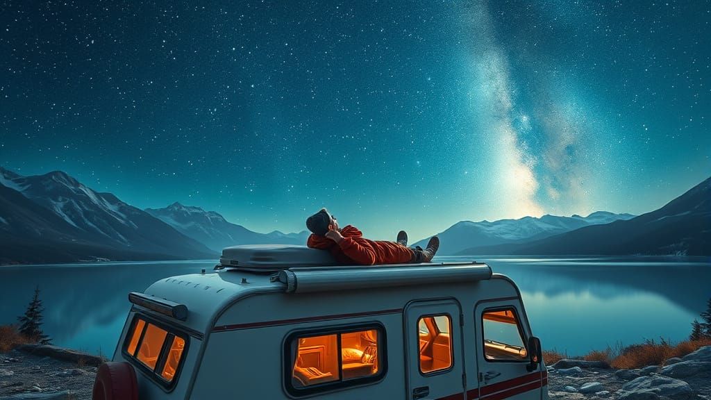 Stargazing Couple at Mountain Lake, Soft Lighting
