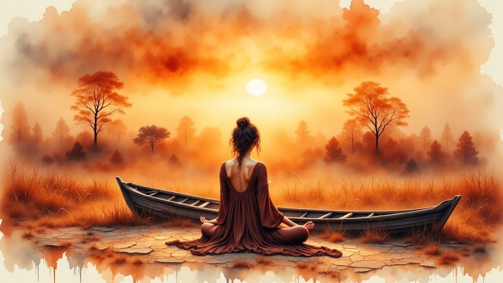 Woman in Desolate Landscape, Antique Watercolor Style