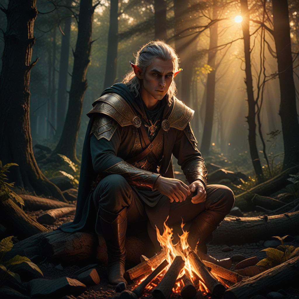 Lean Male Elf Seated by Campfire in Dark Forest with Shimmer...
