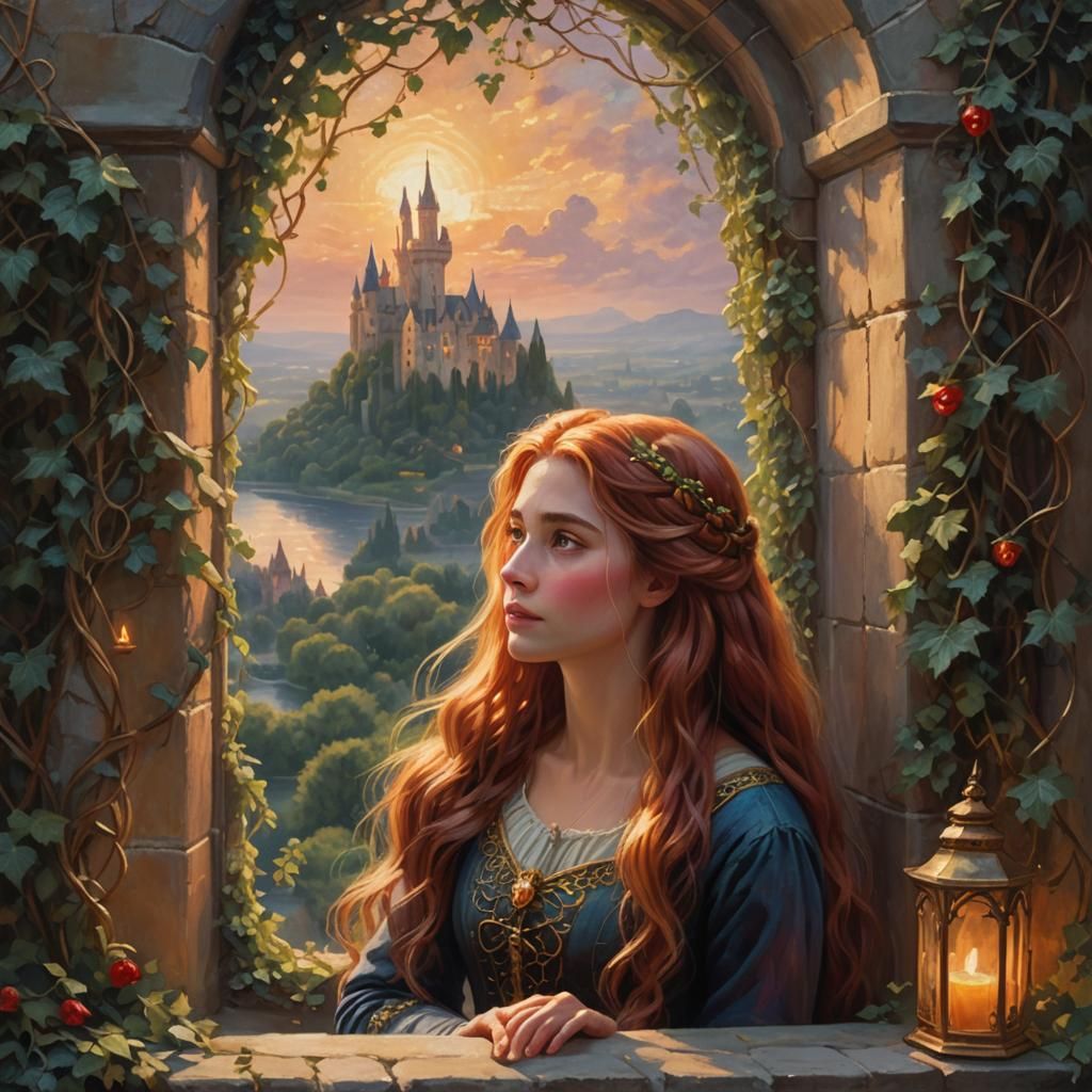 Rapunzel in Tower: Mystical Oil Painting