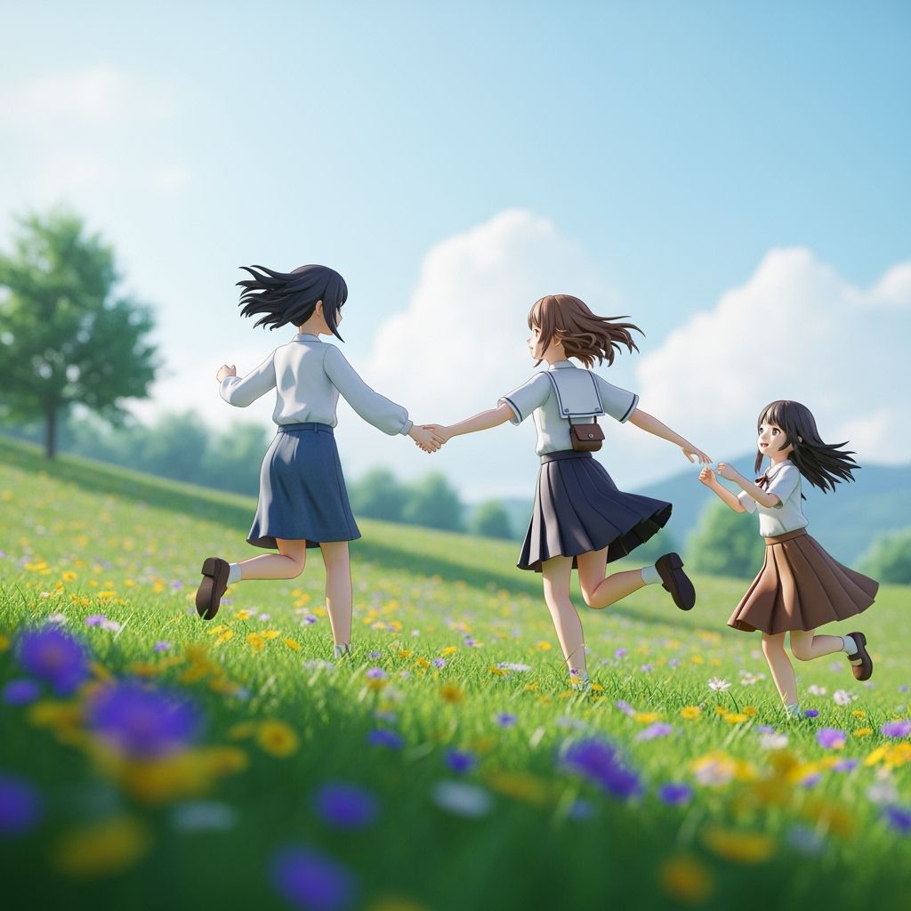 Girls Running in a Wildflower Field in 3D Anime Style