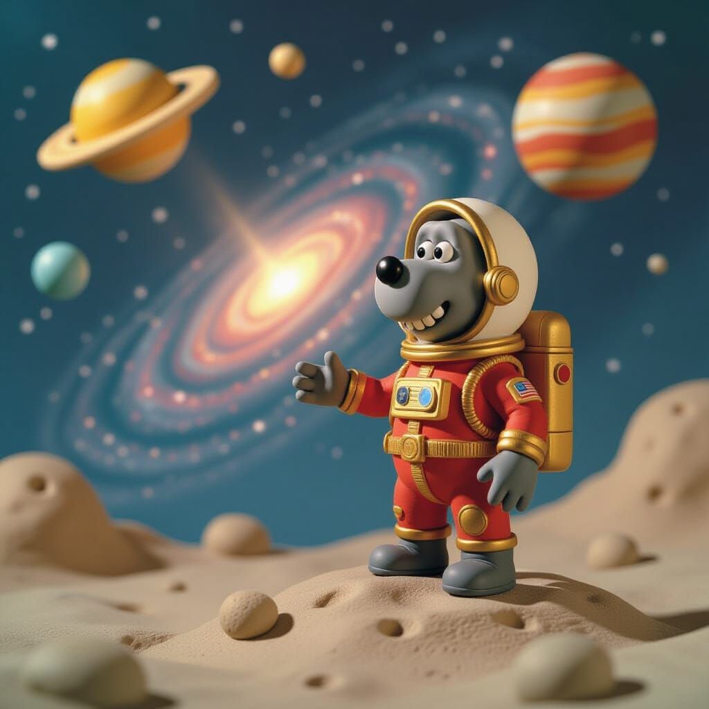 Claymation Walrus Cosmonaut on Asteroid