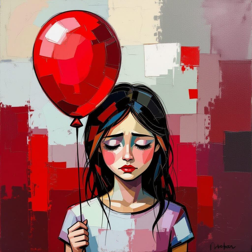 Sad Girl With Red Balloon in Expressionistic Style