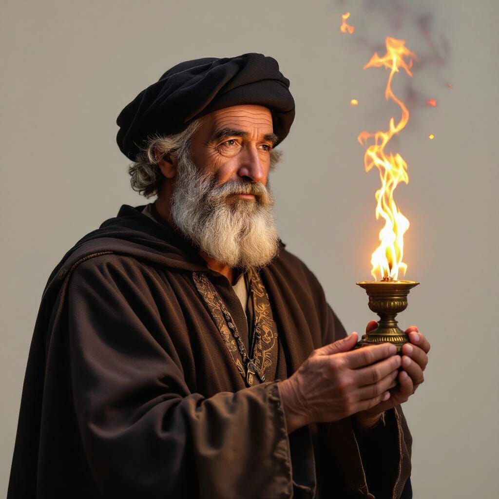 Wise Man Holds Magic Lamp Amidst Abstract Chaos