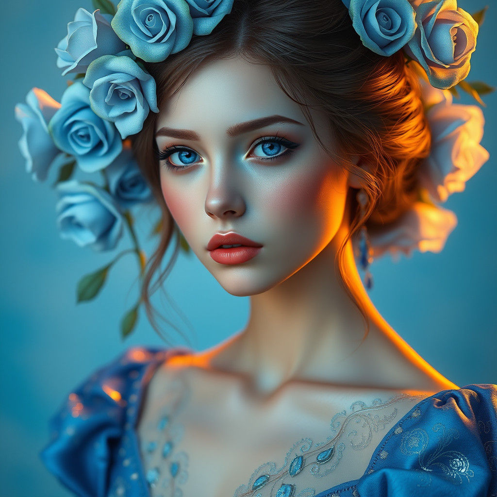 Art Nouveau Portrait of Girl with Blue Roses
