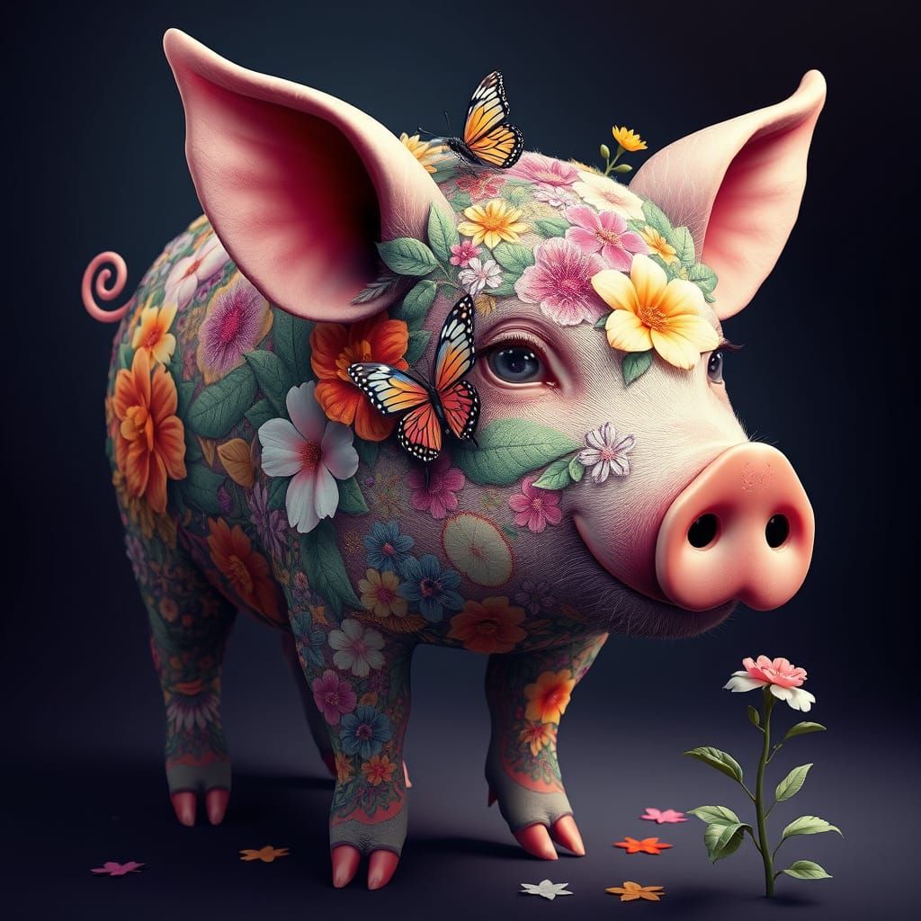 The delicate masterpiece. A vibrantly colored pig adorned with intricate floral patterns. The pig's body is covered in a...